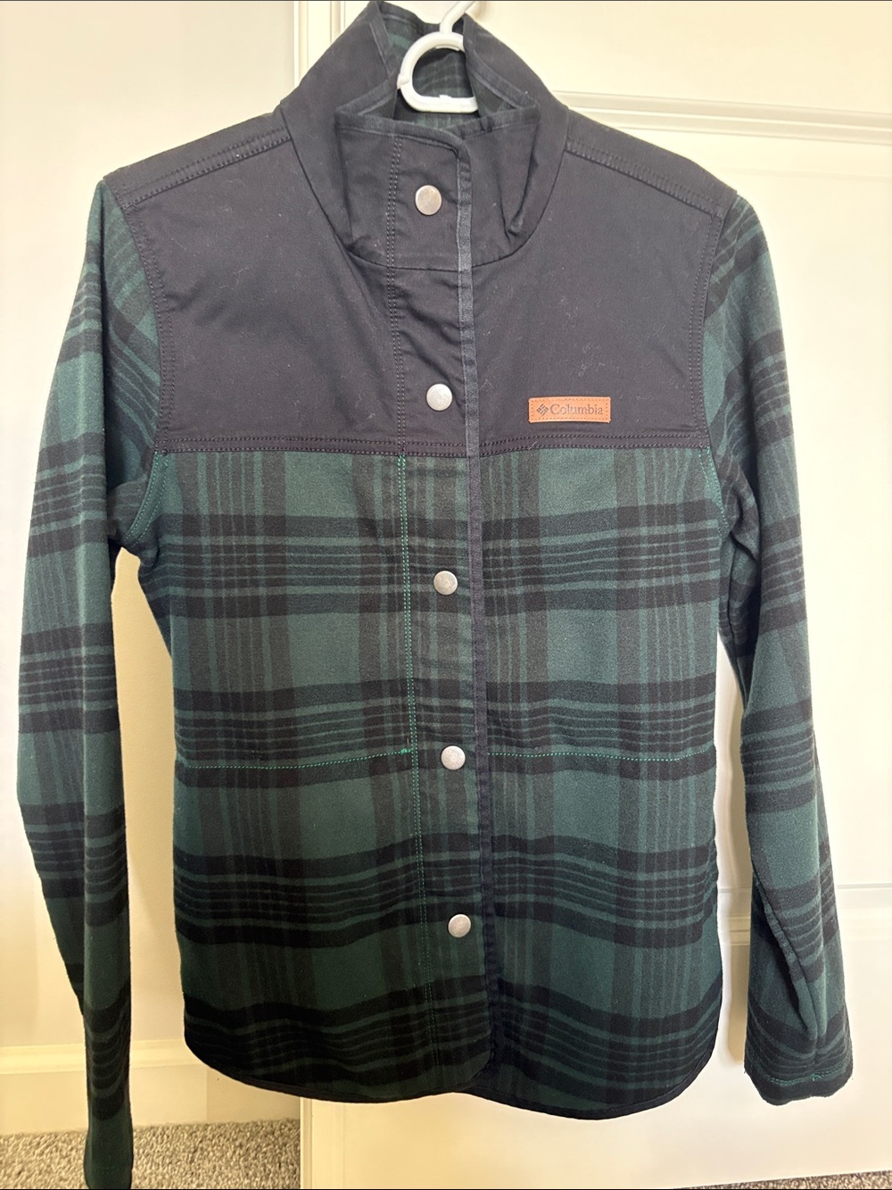 Columbia Green and Black Plaid Snap-Front Shirt Jacket